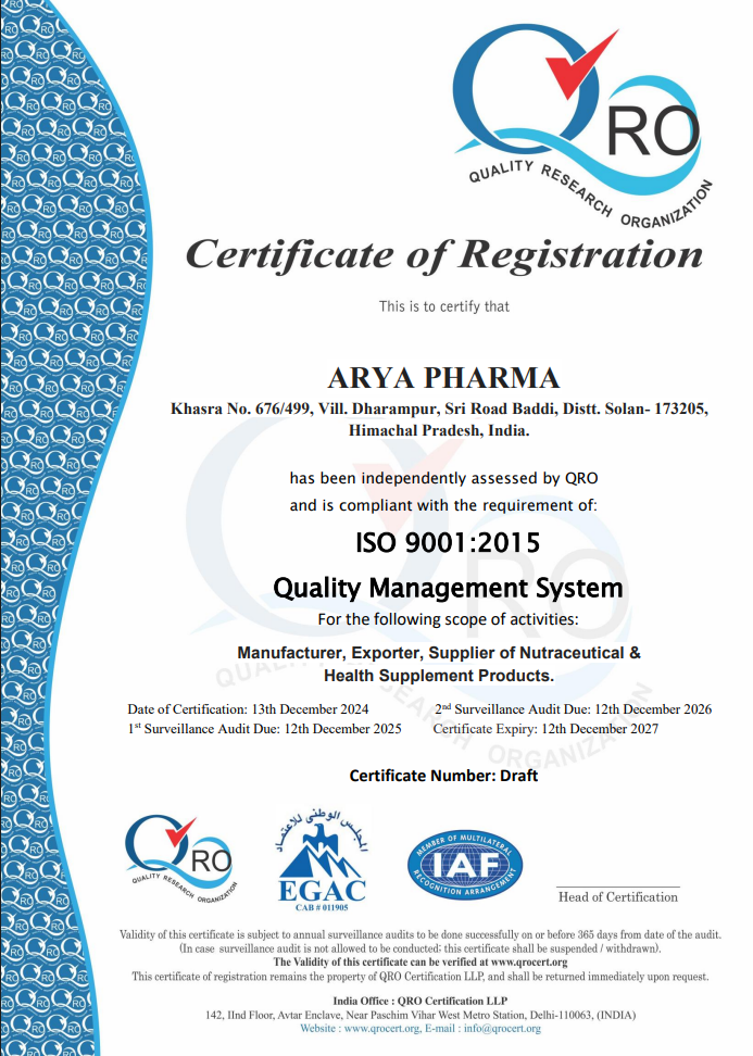 Arya Pharma Baddi | Certificate of registration | Registered pharmaceutical company in India