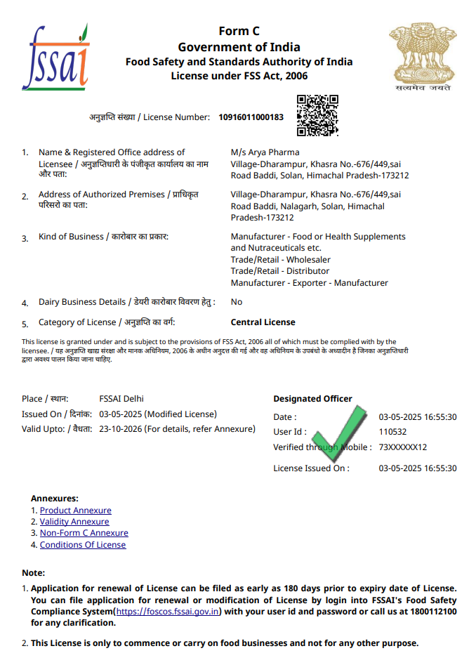 Arya Pharma Baddi | FSSAI license certificate | Food safety certified nutraceutical company Baddi